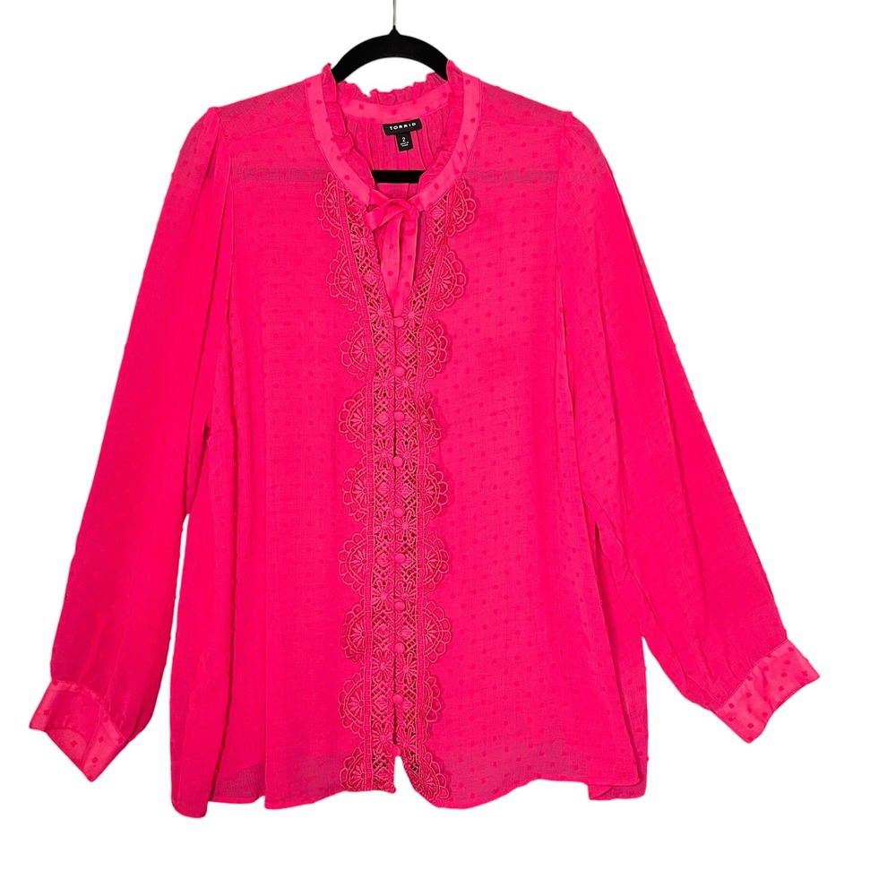 Torrid Womens Hot Pink Swiss Dot Lace Trim Blouse Ruffle Tie Neck Top Size 2 2X